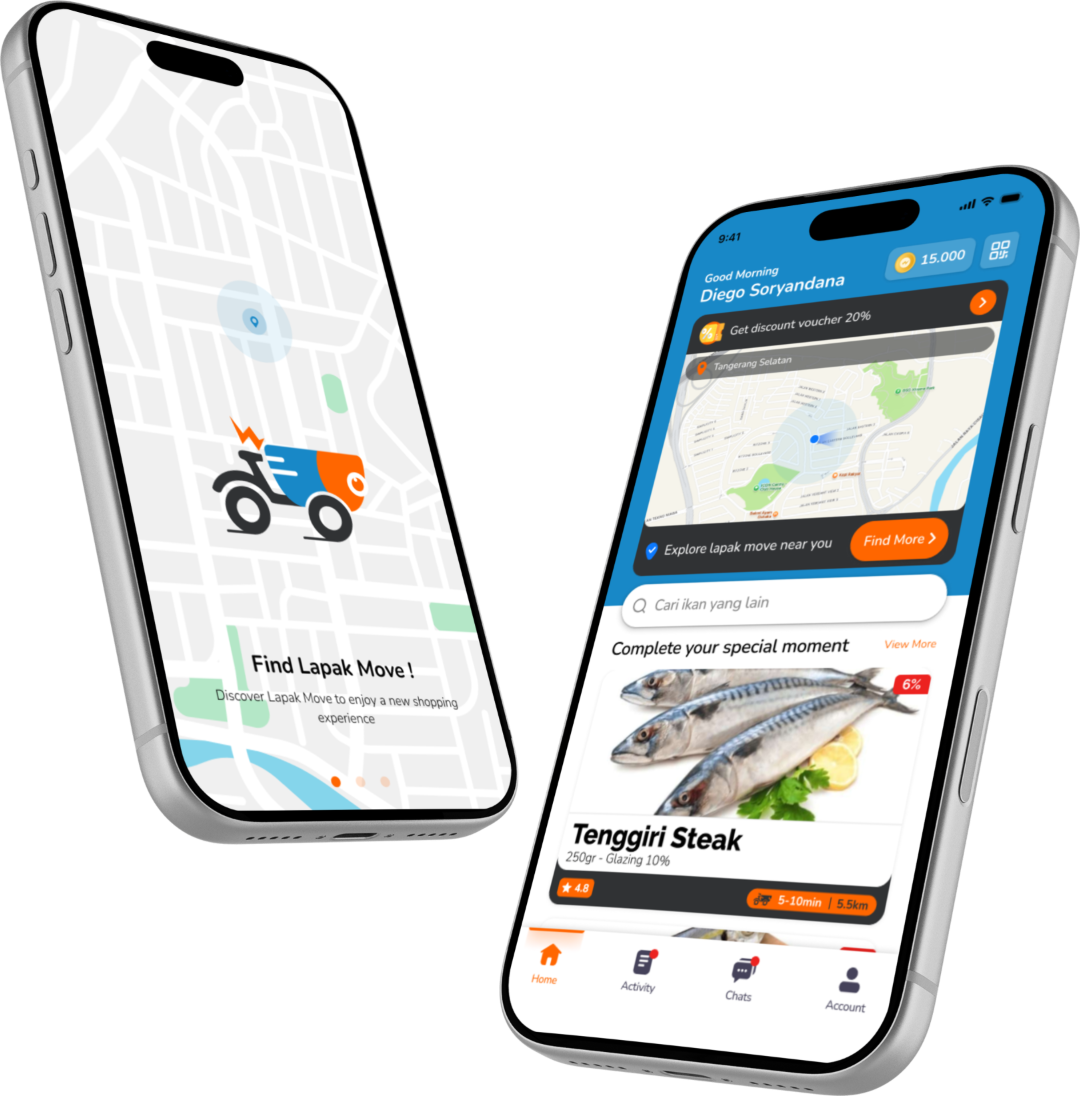 Lapak Ikan mobile app mockup showing nearby fish sellers and fresh seafood listings